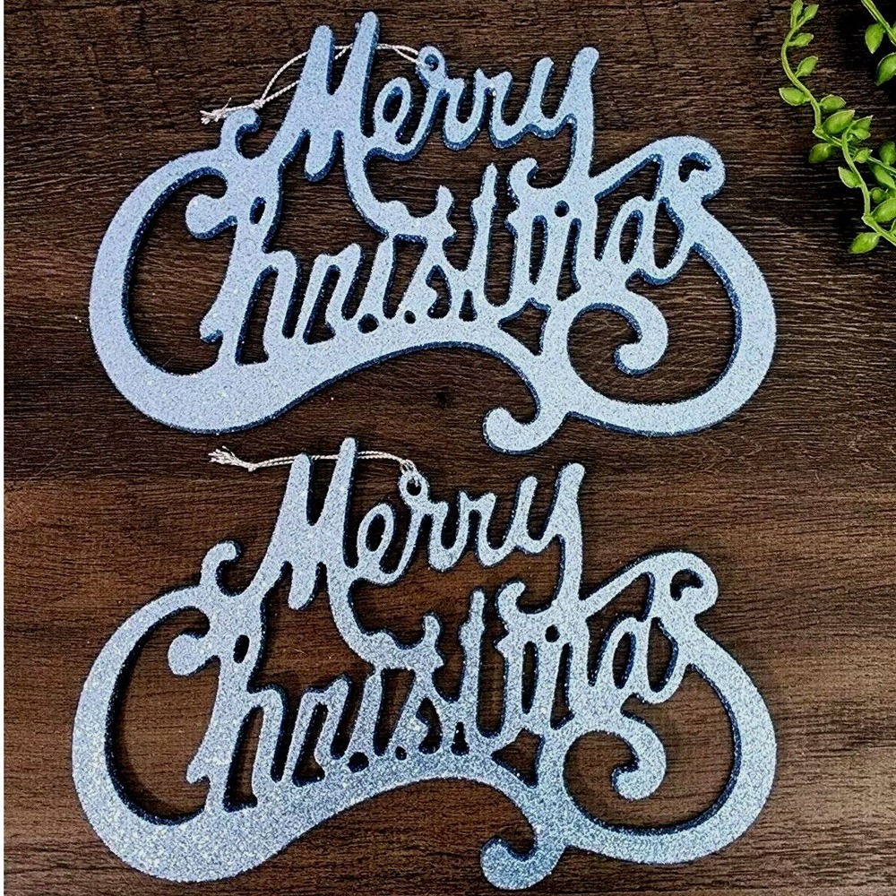 Merry Christmas Tree Ornaments Light Icy Blue Glitter Shabby Chic 2 Pc 8.5" NEW